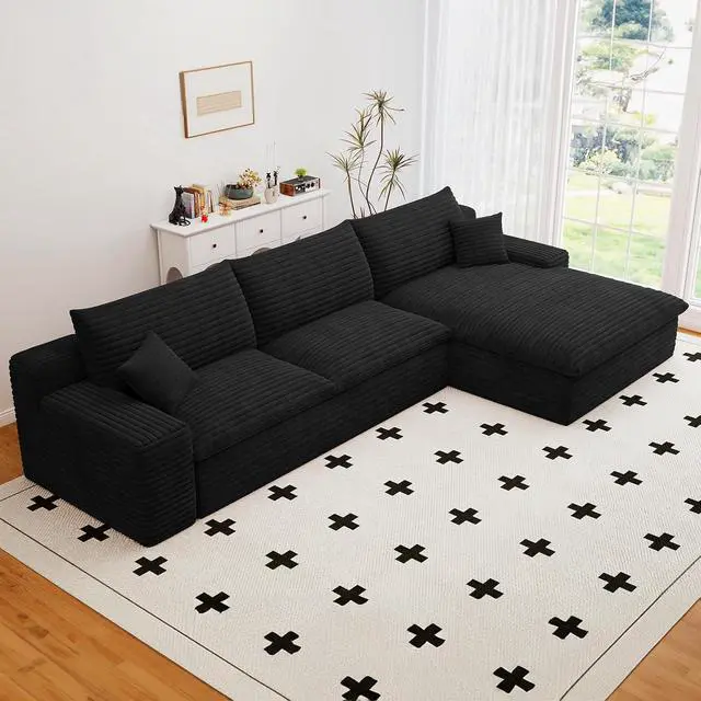 Alt view image 3 of 7 - 107" Cloud Sectional Couch with L-Shape Chaise, Modern Corduroy Viral Boneless Sofa for Living Room,Memory Foam Couches in a Box with Deep Seat,No Assembly Required (Jet Black,Right-Facing Chaise)