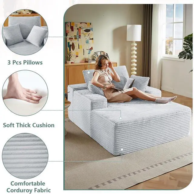 Alt view image 3 of 7 - 50"Oversized Chaise Lounge Chair Indoor,Corduroy Boneless Reading Chair with 3 Pillows,Deep Seat Cloud Sofa Bed,Comfy Modern Sleeper Chairs in Box for Living Room Bedroom,No Assembly(Light Grey)