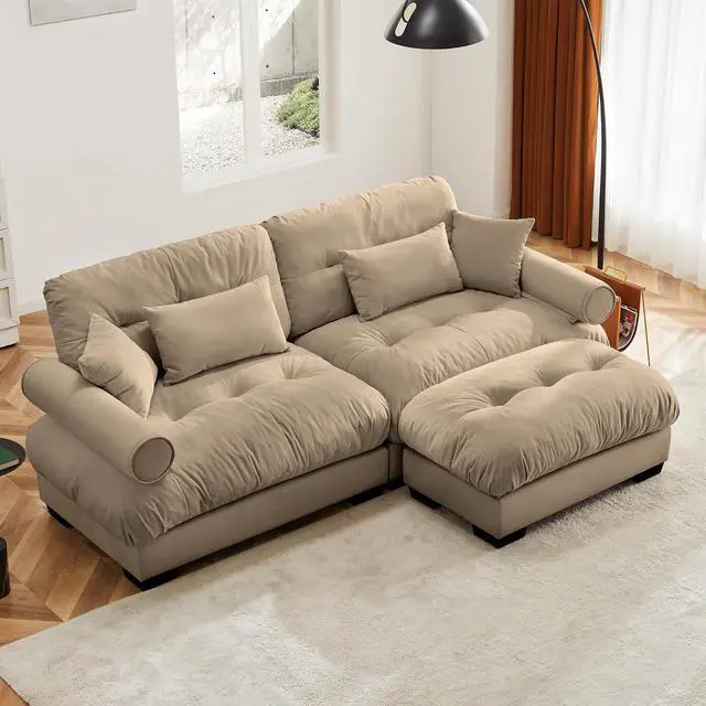 Main image of 93.7" Oversized Loveseat Sofa with Ottoman, Modern Velvet 2-Seat Couch with Waist & Throw Pillows, Upholstered Deep Seat Cloud Couch for Living Room, Bedroom & Office (Camel,2 Seater with Ottoman)