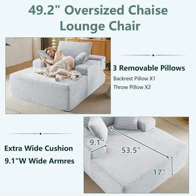 Alt view image 4 of 7 - 50"Oversized Chaise Lounge Chair Indoor,Corduroy Boneless Reading Chair with 3 Pillows,Deep Seat Cloud Sofa Bed,Comfy Modern Sleeper Chairs in Box for Living Room Bedroom,No Assembly(Light Grey)
