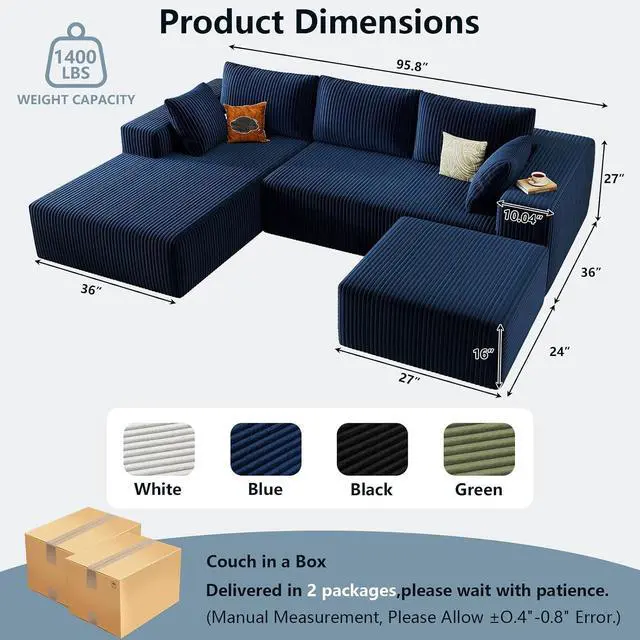 Alt view image 2 of 6 - 96" U Shaped Cloud Sectional Couch with Fluffy Corduroy, Deep Memory Foam Seats Sofa with 1 Ottoman for Living Room, No Assembly Required(Blue,Left-Facing Chaise)