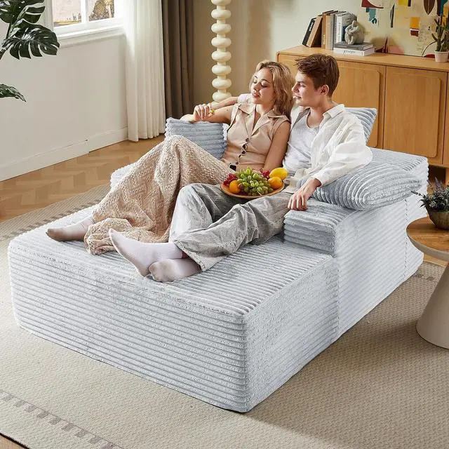 Alt view image 6 of 7 - 50"Oversized Chaise Lounge Chair Indoor,Corduroy Boneless Reading Chair with 3 Pillows,Deep Seat Cloud Sofa Bed,Comfy Modern Sleeper Chairs in Box for Living Room Bedroom,No Assembly(Light Grey)