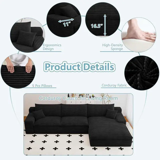Alt view image 4 of 7 - 107" Cloud Sectional Couch with L-Shape Chaise, Modern Corduroy Viral Boneless Sofa for Living Room,Memory Foam Couches in a Box with Deep Seat,No Assembly Required (Jet Black,Right-Facing Chaise)