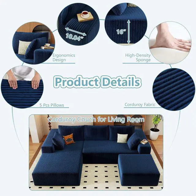 Alt view image 4 of 6 - 96" U Shaped Cloud Sectional Couch with Fluffy Corduroy, Deep Memory Foam Seats Sofa with 1 Ottoman for Living Room, No Assembly Required(Blue,Left-Facing Chaise)