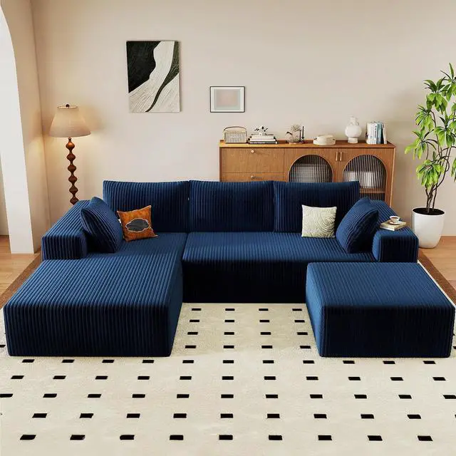 Alt view image 3 of 6 - 96" U Shaped Cloud Sectional Couch with Fluffy Corduroy, Deep Memory Foam Seats Sofa with 1 Ottoman for Living Room, No Assembly Required(Blue,Left-Facing Chaise)