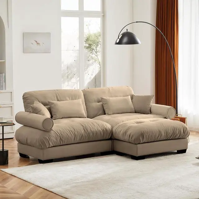 Alt view image 6 of 6 - 93.7" Oversized Loveseat Sofa with Ottoman, Modern Velvet 2-Seat Couch with Waist & Throw Pillows, Upholstered Deep Seat Cloud Couch for Living Room, Bedroom & Office (Camel,2 Seater with Ottoman)