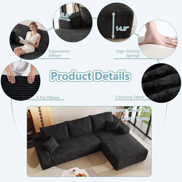 Alt view image 4 of 7 - 95" Cloud Sectional Couch with L-Shape Chaise, Modern Corduroy Boneless Couch for Living Room,Memory Foam Sofa with Deep Seat,No Assembly Required (Black,Right-Facing Chaise)