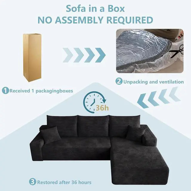 Alt view image 7 of 7 - 95" Cloud Sectional Couch with L-Shape Chaise, Modern Corduroy Boneless Couch for Living Room,Memory Foam Sofa with Deep Seat,No Assembly Required (Black,Right-Facing Chaise)