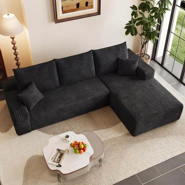 Alt view image 6 of 7 - 95" Cloud Sectional Couch with L-Shape Chaise, Modern Corduroy Boneless Couch for Living Room,Memory Foam Sofa with Deep Seat,No Assembly Required (Black,Right-Facing Chaise)