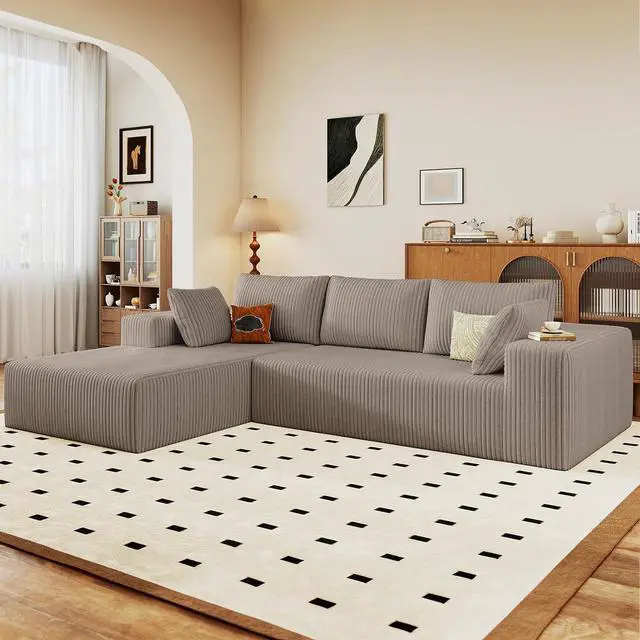 Alt view image 5 of 7 - 96" Boneless Couches for Living Room,Cloud Sectional Couch with L-Shape Chaise, Modular Corduroy Memory Foam Sofa with Deep Seat for Apartment, No Assembly Required(Camel,Left-Facing Chaise)