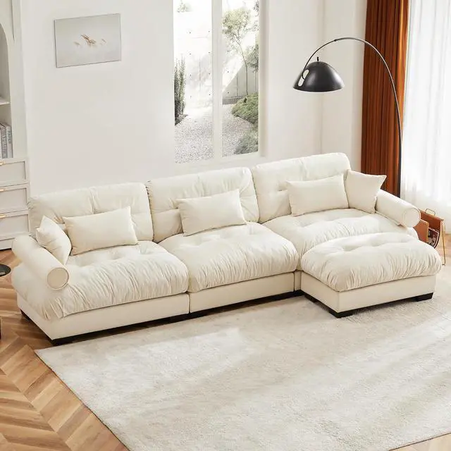 Main image of 130"W Modular Sectional Sofa with Ottoman, Oversized 3-Seater Couch with Waist & Throw Pillows, Comfy Velvet Deep Seat Upholstered Sofa for Living Room, Apartment(Cream,3-Seater with Ottoman)
