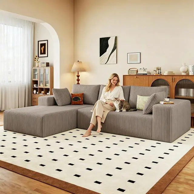 Main image of 96" Boneless Couches for Living Room,Cloud Sectional Couch with L-Shape Chaise, Modular Corduroy Memory Foam Sofa with Deep Seat for Apartment, No Assembly Required(Camel,Left-Facing Chaise)