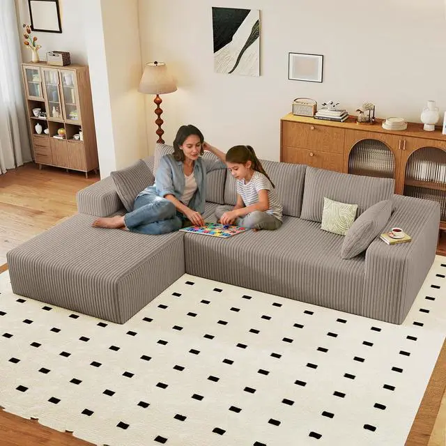 Alt view image 4 of 7 - 96" Boneless Couches for Living Room,Cloud Sectional Couch with L-Shape Chaise, Modular Corduroy Memory Foam Sofa with Deep Seat for Apartment, No Assembly Required(Camel,Left-Facing Chaise)