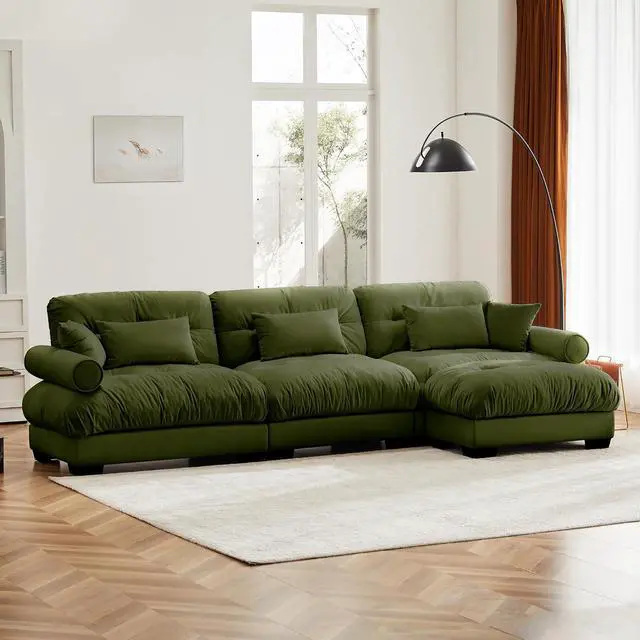 Alt view image 6 of 6 - 130"W Modular Sectional Sofa with Ottoman, Oversized 3-Seater Couch with Waist & Throw Pillows,Comfy Velvet Deep Seat Upholstered Sofa for Living Room,Apartment(Olive Green,3-Seater with Ottoman)