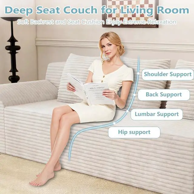 Alt view image 4 of 7 - 71"Cloud Loveseat Sofa,Modern 2-Seater Boneless Couch with 3Pillows & Side Pocket,Soft Corduroy Loveseat,Compressed Foam,Deep Seat,No Assembly for Living Room,Bedroom,Apartment(Tilted Armrest, White)