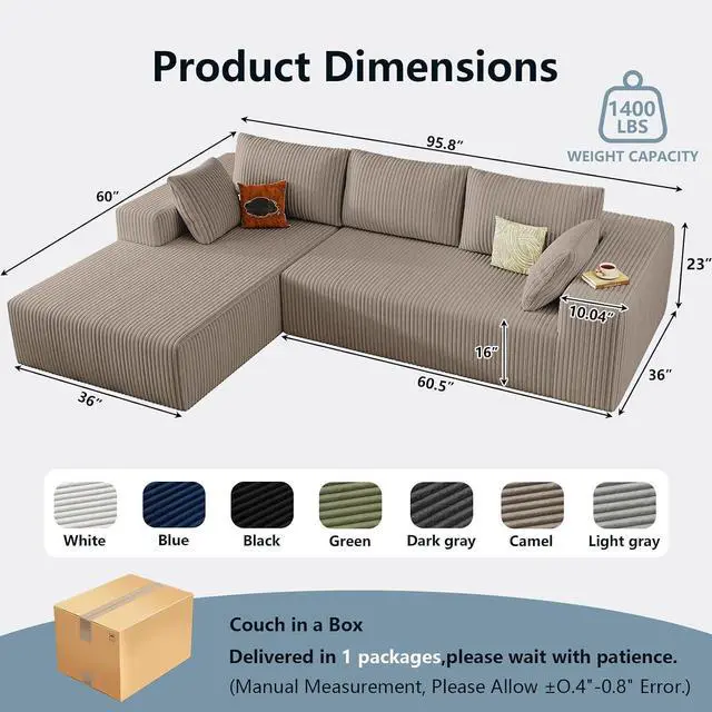 Alt view image 2 of 7 - 96" Boneless Couches for Living Room,Cloud Sectional Couch with L-Shape Chaise, Modular Corduroy Memory Foam Sofa with Deep Seat for Apartment, No Assembly Required(Camel,Left-Facing Chaise)