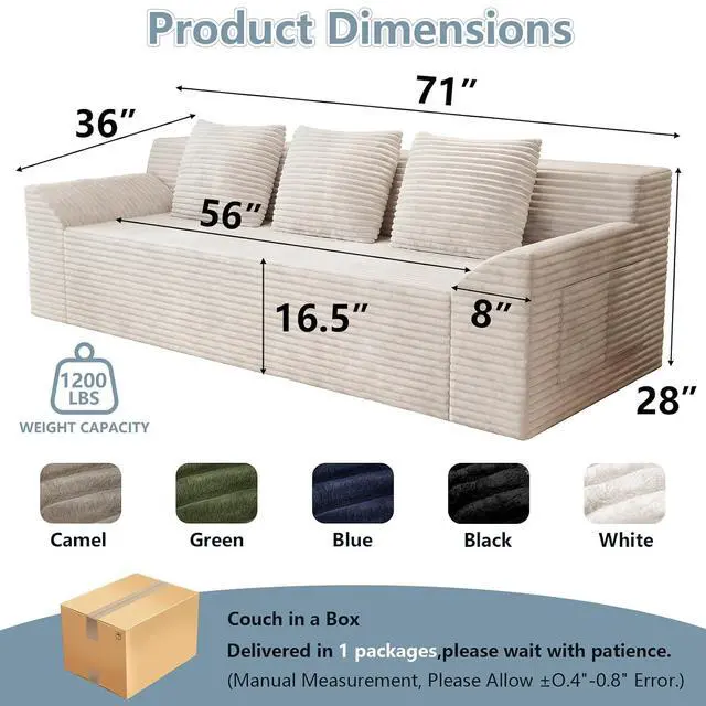 Alt view image 2 of 7 - 71"Cloud Loveseat Sofa,Modern 2-Seater Boneless Couch with 3Pillows & Side Pocket,Soft Corduroy Loveseat,Compressed Foam,Deep Seat,No Assembly for Living Room,Bedroom,Apartment(Tilted Armrest, White)