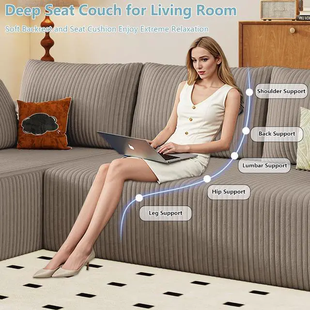 Alt view image 3 of 7 - 96" Boneless Couches for Living Room,Cloud Sectional Couch with L-Shape Chaise, Modular Corduroy Memory Foam Sofa with Deep Seat for Apartment, No Assembly Required(Camel,Left-Facing Chaise)