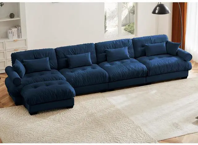 Main image of 166" W Modular Sectional Sofa with Ottoman, Oversized 4-Seater Couch with Waist & Throw Pillows, Comfy Velvet Deep Seat Upholstered Sofa for Living Room, Apartment(Blue,4-Seater with Ottoman)