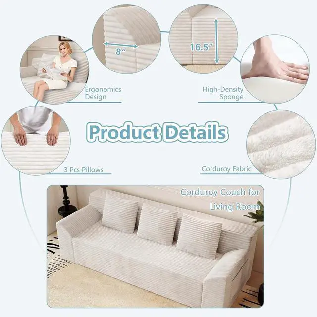 Alt view image 5 of 7 - 71"Cloud Loveseat Sofa,Modern 2-Seater Boneless Couch with 3Pillows & Side Pocket,Soft Corduroy Loveseat,Compressed Foam,Deep Seat,No Assembly for Living Room,Bedroom,Apartment(Tilted Armrest, White)