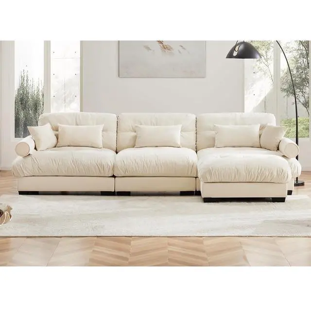 Alt view image 3 of 6 - 130"W Modular Sectional Sofa with Ottoman, Oversized 3-Seater Couch with Waist & Throw Pillows, Comfy Velvet Deep Seat Upholstered Sofa for Living Room, Apartment(Cream,3-Seater with Ottoman)