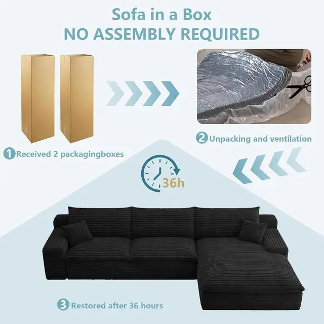 Alt view image 7 of 7 - 107" Cloud Sectional Couch with L-Shape Chaise, Modern Corduroy Viral Boneless Sofa for Living Room,Memory Foam Couches in a Box with Deep Seat,No Assembly Required (Jet Black,Right-Facing Chaise)