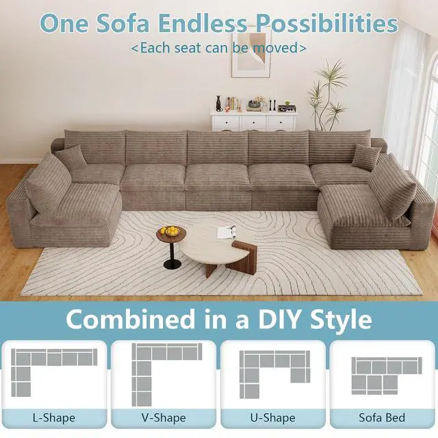 Alt view image 3 of 7 - 165" Oversized Cloud Sectional Couch with U-Shaped Chaise,7-Seater Corduroy Viral Boneless Sofa,Memory Foam Couches in a Box with Deep Seat for Living Room,No Assembly Required, Camel