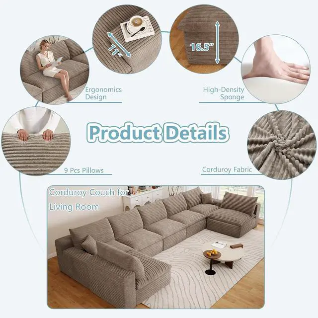 Alt view image 4 of 7 - 165" Oversized Cloud Sectional Couch with U-Shaped Chaise,7-Seater Corduroy Viral Boneless Sofa,Memory Foam Couches in a Box with Deep Seat for Living Room,No Assembly Required, Camel