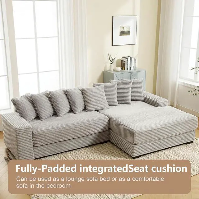 Alt view image 6 of 6 - 111" W Modular Sectional Sofa with 8 Pillows, Comfy Corduroy Cloud Couch with Chaise, L-Shaped Modern 3-Seater Sofa for Living Room or Apartment (Grey, Right-Facing Chaise)
