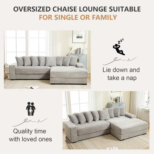 Alt view image 5 of 6 - 111" W Modular Sectional Sofa with 8 Pillows, Comfy Corduroy Cloud Couch with Chaise, L-Shaped Modern 3-Seater Sofa for Living Room or Apartment (Grey, Right-Facing Chaise)