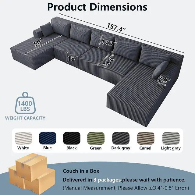 Alt view image 2 of 7 - 160" W Cloud Sectional Couch,Modern U-Shaped Cloud Couch with Deep Seat,Comfy Corduroy 4-Seater Sofa,Memory Foam Sofa for Living Room,No Assembly (Dark Grey)