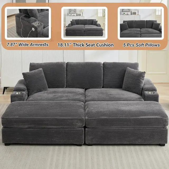 Alt view image 3 of 6 - 86.61'' Oversized Double Chaise Lounge Chair Indoor with Ottoman & Armrest Storage, Comfy Corduroy Reclining Chair with Cup Holder & USB Port, Lazy Sleeper Sofa for Living Room and Bedroom (Grey)