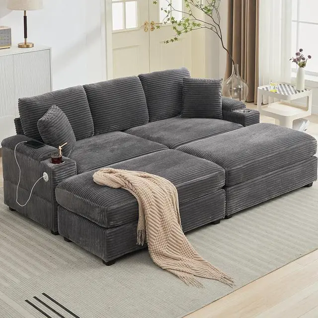 Main image of 86.61'' Oversized Double Chaise Lounge Chair Indoor with Ottoman & Armrest Storage, Comfy Corduroy Reclining Chair with Cup Holder & USB Port, Lazy Sleeper Sofa for Living Room and Bedroom (Grey)