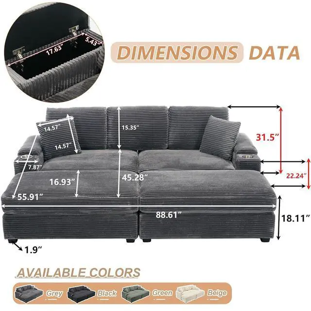 Alt view image 2 of 6 - 86.61'' Oversized Double Chaise Lounge Chair Indoor with Ottoman & Armrest Storage, Comfy Corduroy Reclining Chair with Cup Holder & USB Port, Lazy Sleeper Sofa for Living Room and Bedroom (Grey)