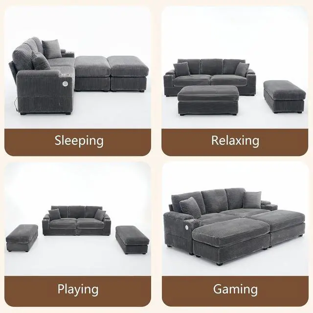Alt view image 5 of 6 - 86.61'' Oversized Double Chaise Lounge Chair Indoor with Ottoman & Armrest Storage, Comfy Corduroy Reclining Chair with Cup Holder & USB Port, Lazy Sleeper Sofa for Living Room and Bedroom (Grey)