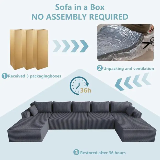 Alt view image 6 of 7 - 160" W Cloud Sectional Couch,Modern U-Shaped Cloud Couch with Deep Seat,Comfy Corduroy 4-Seater Sofa,Memory Foam Sofa for Living Room,No Assembly (Dark Grey)