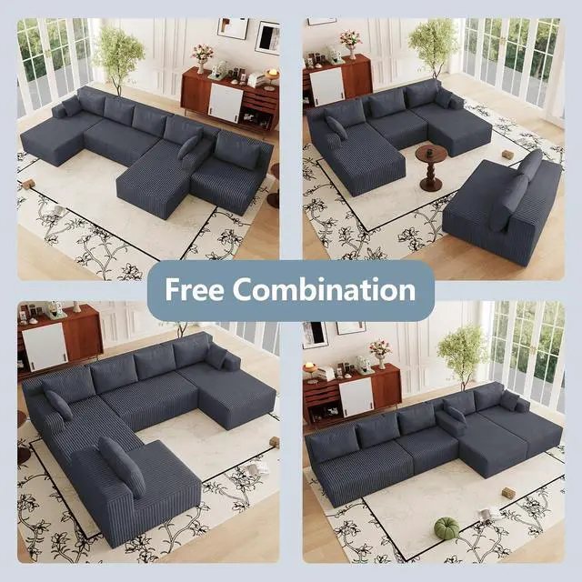 Alt view image 3 of 7 - 160" W Cloud Sectional Couch,Modern U-Shaped Cloud Couch with Deep Seat,Comfy Corduroy 4-Seater Sofa,Memory Foam Sofa for Living Room,No Assembly (Dark Grey)