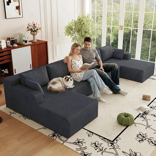 Alt view image 5 of 7 - 160" W Cloud Sectional Couch,Modern U-Shaped Cloud Couch with Deep Seat,Comfy Corduroy 4-Seater Sofa,Memory Foam Sofa for Living Room,No Assembly (Dark Grey)