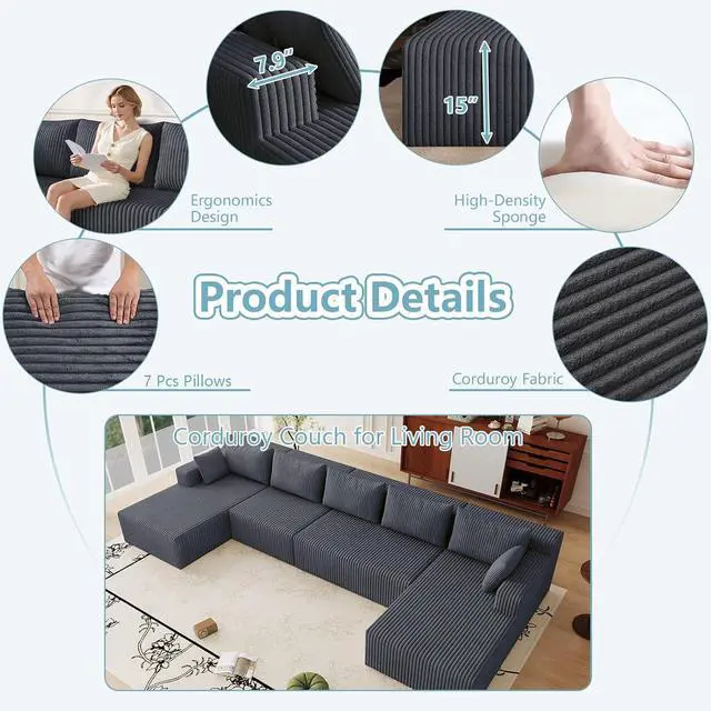 Alt view image 4 of 7 - 160" W Cloud Sectional Couch,Modern U-Shaped Cloud Couch with Deep Seat,Comfy Corduroy 4-Seater Sofa,Memory Foam Sofa for Living Room,No Assembly (Dark Grey)