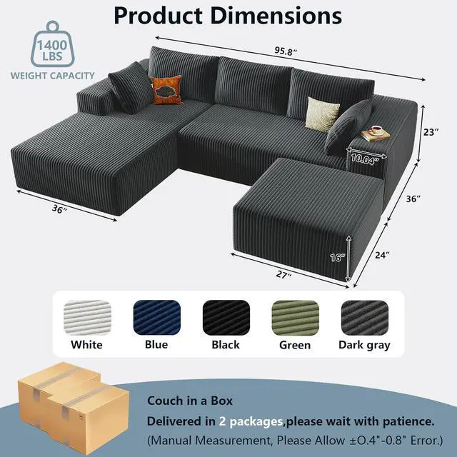 Alt view image 2 of 7 - 96" W Cloud Sectional Couch with Ottoman,Modern U-Shaped Cloud Couch with Deep Seat,Comfy Corduroy 3-Seater Sofa,Memory Foam Sofa for Living Room,No Assembly (Dark Grey,Left-Facing Chaise)