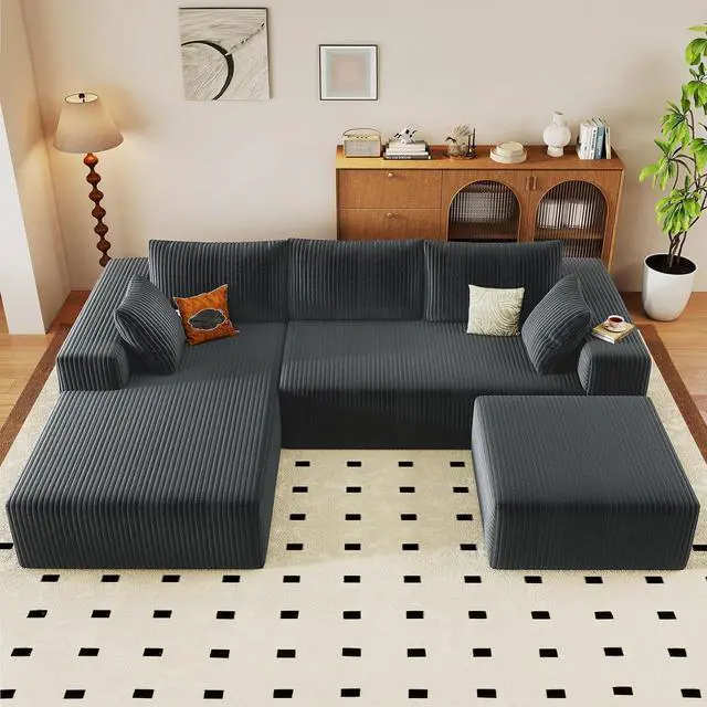 Main image of 96" W Cloud Sectional Couch with Ottoman,Modern U-Shaped Cloud Couch with Deep Seat,Comfy Corduroy 3-Seater Sofa,Memory Foam Sofa for Living Room,No Assembly (Dark Grey,Left-Facing Chaise)