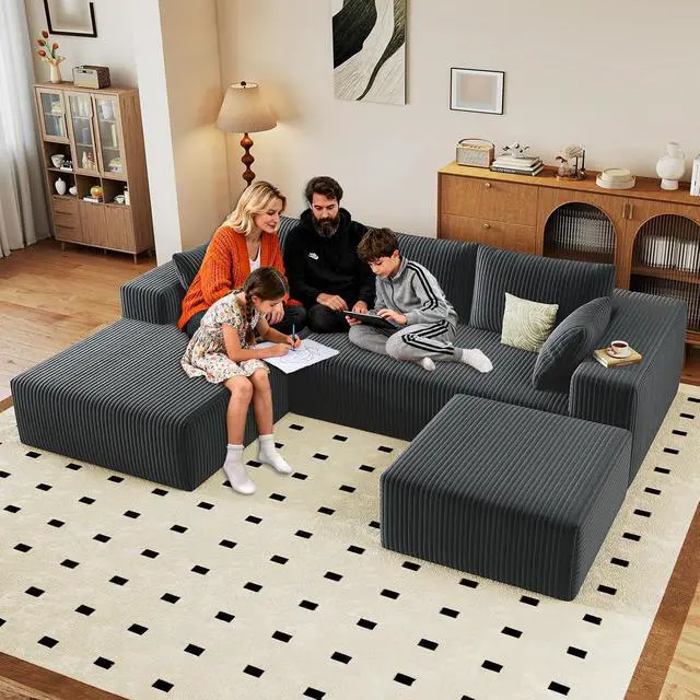 Alt view image 4 of 7 - 96" W Cloud Sectional Couch with Ottoman,Modern U-Shaped Cloud Couch with Deep Seat,Comfy Corduroy 3-Seater Sofa,Memory Foam Sofa for Living Room,No Assembly (Dark Grey,Left-Facing Chaise)