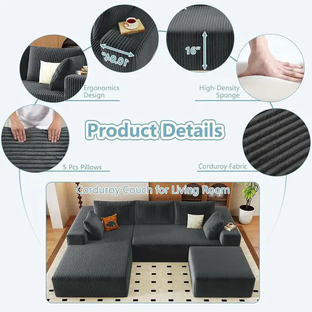 Alt view image 3 of 7 - 96" W Cloud Sectional Couch with Ottoman,Modern U-Shaped Cloud Couch with Deep Seat,Comfy Corduroy 3-Seater Sofa,Memory Foam Sofa for Living Room,No Assembly (Dark Grey,Left-Facing Chaise)