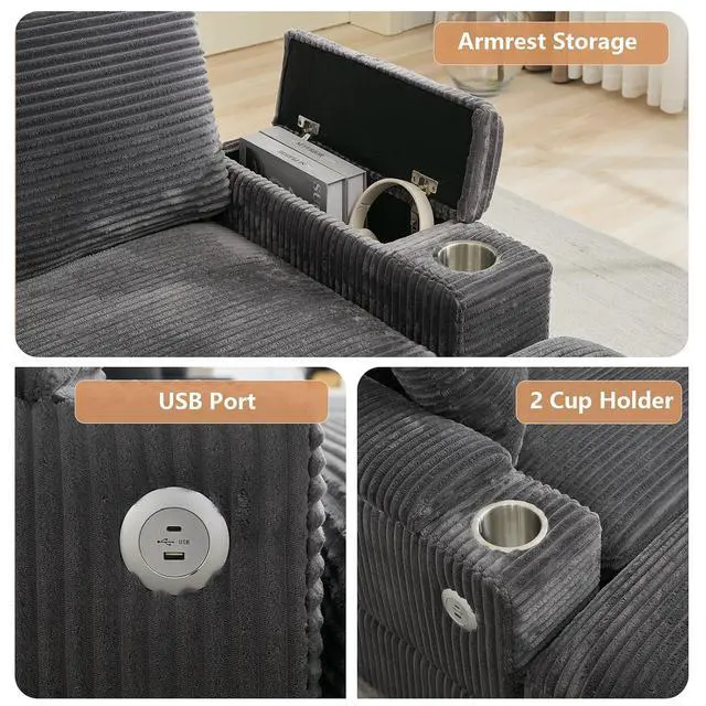 Alt view image 4 of 6 - 86.61'' Oversized Double Chaise Lounge Chair Indoor with Ottoman & Armrest Storage, Comfy Corduroy Reclining Chair with Cup Holder & USB Port, Lazy Sleeper Sofa for Living Room and Bedroom (Grey)