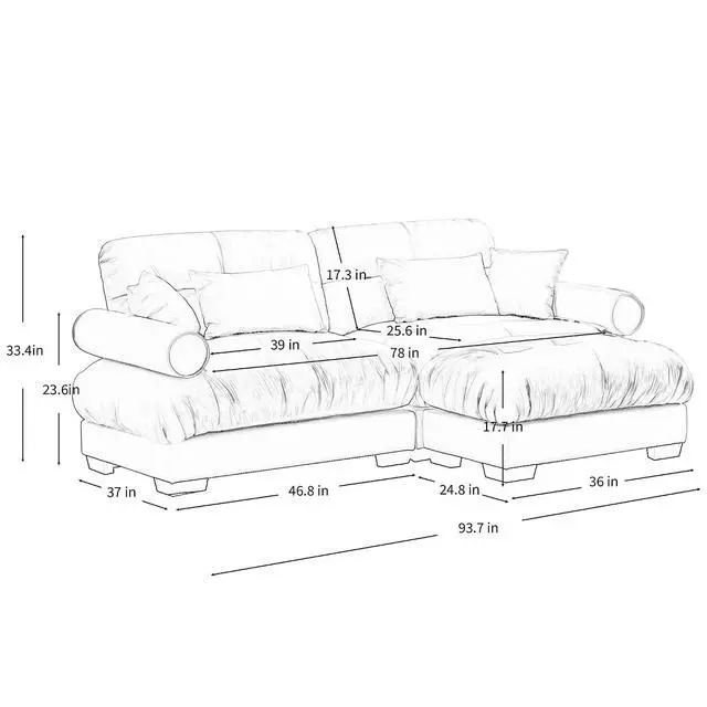 Alt view image 2 of 6 - 93.7" Oversized Loveseat Sofa with Ottoman, Modern Velvet 2-Seat Couch with Waist & Throw Pillows, Upholstered Deep Seat Cloud Couch for Living Room, Bedroom (Olive Green,2 Seater with Ottoman)