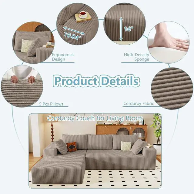 Alt view image 7 of 7 - 96" Boneless Couches for Living Room,Cloud Sectional Couch with L-Shape Chaise, Modular Corduroy Memory Foam Sofa with Deep Seat for Apartment, No Assembly Required(Camel,Left-Facing Chaise)