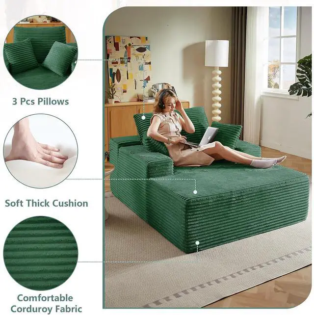 Alt view image 3 of 7 - 50" Oversized Chaise Lounge Chair Indoor,Corduroy Boneless Reading Chair with 3 Pillows,Deep Seat Cloud Sofa Bed,Comfy Modern Sleeper Chairs in Box for Living Room Bedroom,No Assembly(Green)