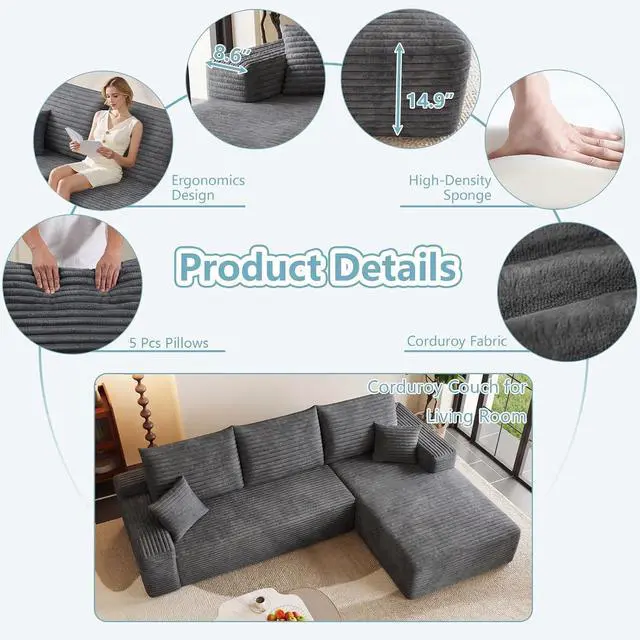 Alt view image 4 of 7 - 96" Boneless Couches for Living Room,Cloud Sectional Couch with L-Shape Chaise, Modular Corduroy Memory Foam Sofa with Deep Seat for Apartment, No Assembly Required(Dark Gray,Right-Facing Chaise)