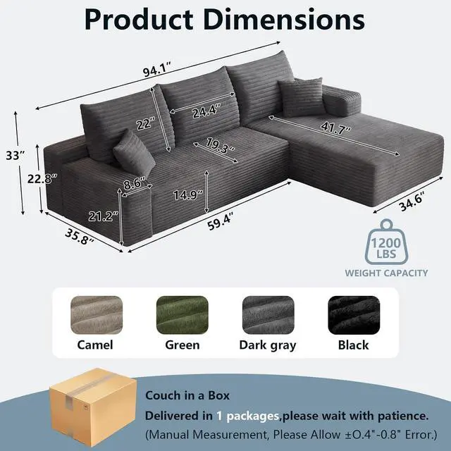 Alt view image 2 of 7 - 96" Boneless Couches for Living Room,Cloud Sectional Couch with L-Shape Chaise, Modular Corduroy Memory Foam Sofa with Deep Seat for Apartment, No Assembly Required(Dark Gray,Right-Facing Chaise)