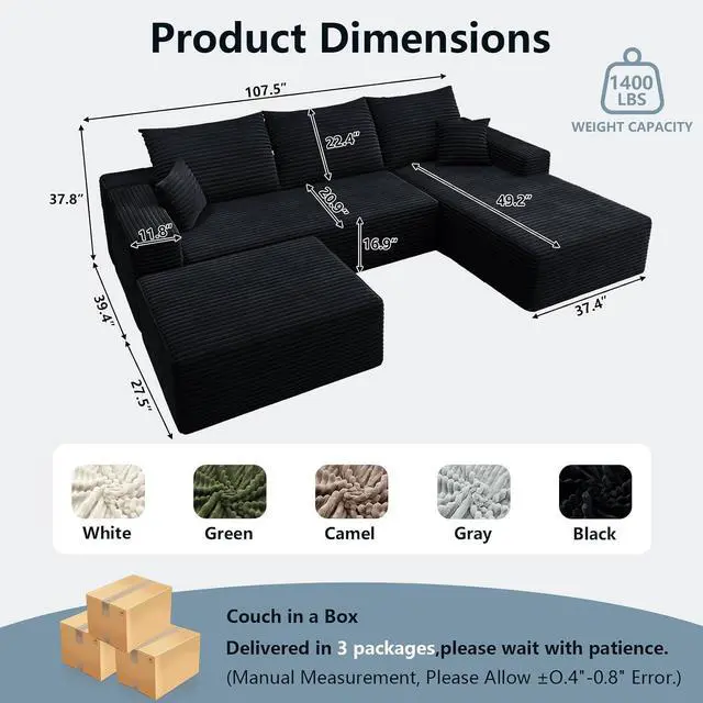 Alt view image 2 of 7 - 107" U Shaped Cloud Sectional Couch with Fluffy Corduroy, Deep Memory Foam Seats Sofa with 1 Ottoman for Living Room, No Assembly Required(Black,Right-Facing Chaise)